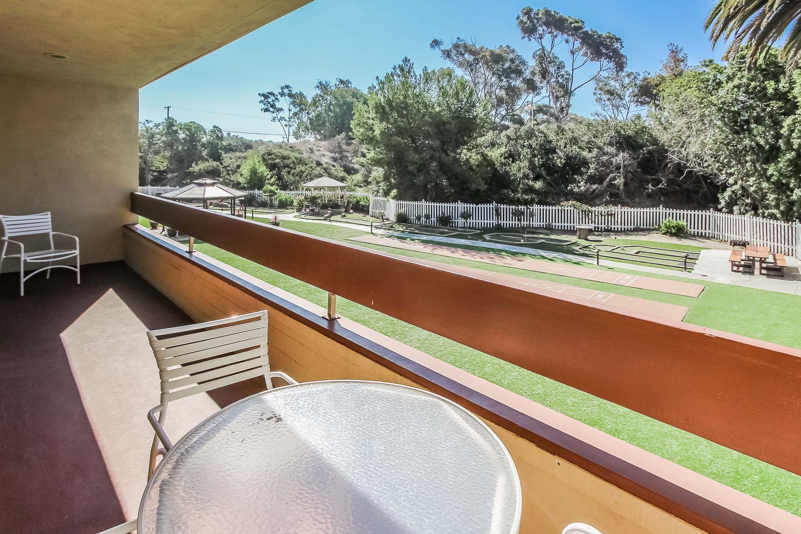 A balcony view to the resort amenities at VRI's San Clemente Inn in California.